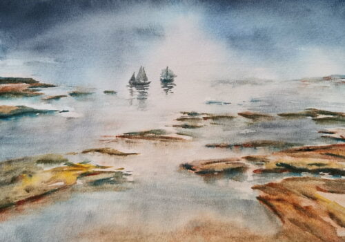 Seelandschaft Aquarell mit Booten von Doris Krüger