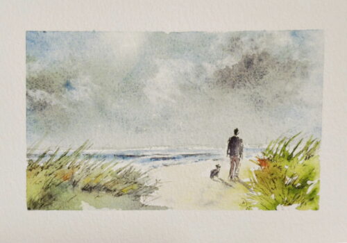Aquarell Strand Mann mit Hund von Doris Krüger